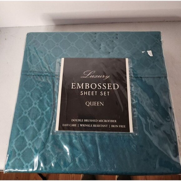 LUXURY Embossed Queen Sheet Set Double Brushed Microfiber Teal 4Pc NEW - Picture 1 of 5
